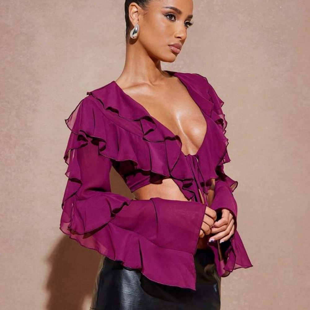 Summer Women , Solid Sexy Ruffle Front Lace-Up Long Sleeve Crop Magenta Blouse